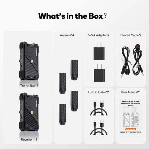 Plug-And-Play Long Range Wireless HDMI Transmitter And Receiver Kit 1080P Full HD, includes antennas, cables, and manual