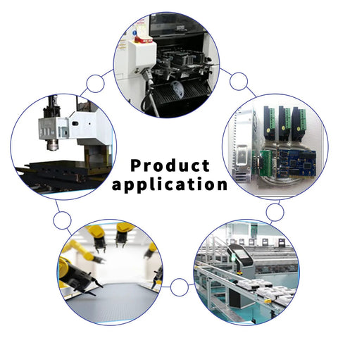 DaFuRui TB6600 stepper motor driver product application diagram showing CNC machines, PCB controller, and assembly line visuals