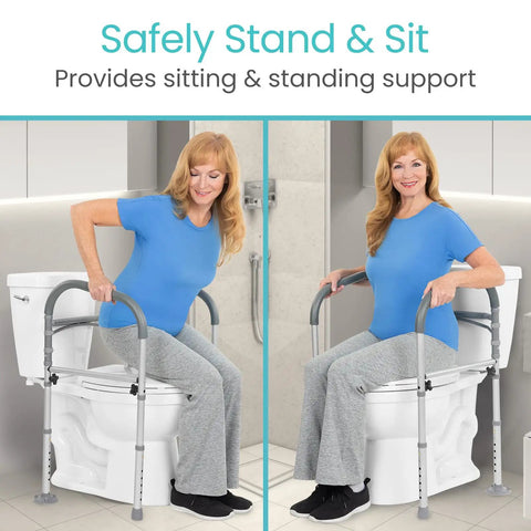 Heavy Duty Folding Toilet Safety Rail Rust Proof Bathroom Assist Bar For Seniors And Weak Knees Fsa Hsa Approved showing sitting support.