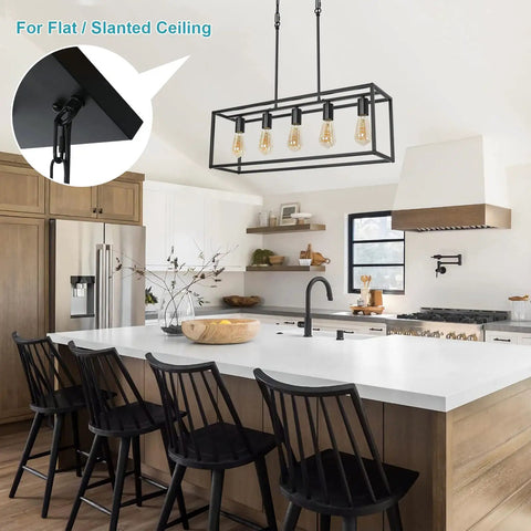 Industrial Black Farmhouse Chandelier Over Table 5 Light Rectangle Hanging Light in kitchen setting with slanted ceiling