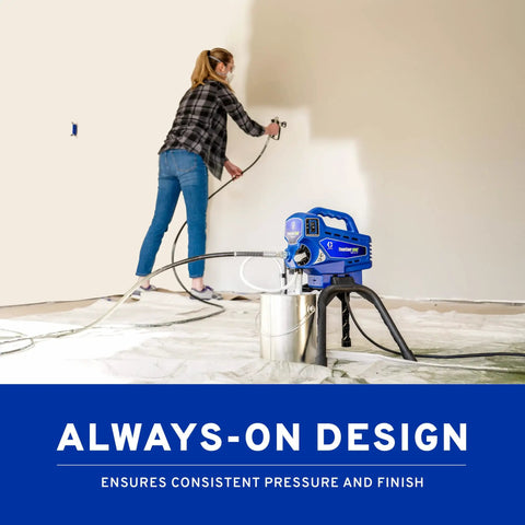 No Hassle Electric Airless Paint Sprayer Featuring Always On Prime Tech For Unthinned Paint And Stain used for wall painting.