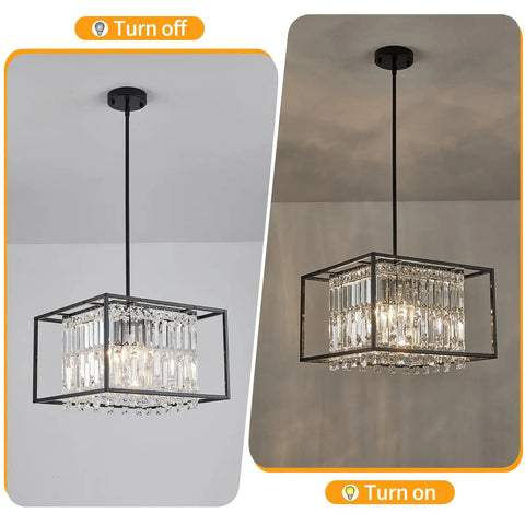 Modern Farmhouse Black Metal 4 Light Chandelier With Crystal Square Pendant Lights Industrial Pendant Light For Dining Room Kitchen Island Living Room Foyer Hallway Entryway 15.75 Inch