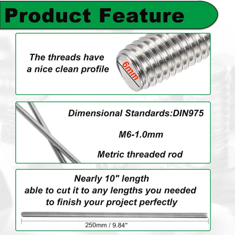 Heavy Duty Fully Threaded Rod Set 6 mm M6 1.0 Pitch 250 mm Long All Thread Rods 304 Stainless Steel Right Hand Threads 4 Pack Features