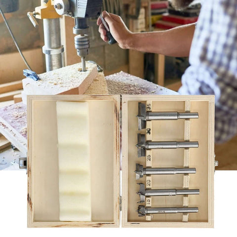 Front view of a 5-piece hinge jig drill bit set in a wooden storage box with metal bits