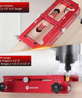 Pro Grade Aluminum Door Hinge Jig Template Kit For Router, Adjustable Mortise Jig with anodized 6061 aluminum, red, close-up view