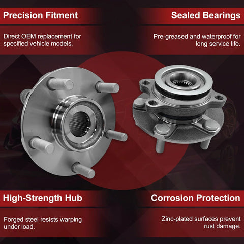 Beefy Front Wheel Bearing And Hub Assembly Set 2 Piece Direct Fit For Nissan Rogue 2008 To 2015 And Sentra 2007 To 2012 OE Replacement 513298 WE60491 BR930772 Heavy Duty Front Wheel Hubs with precision fitment and sealed bearings.