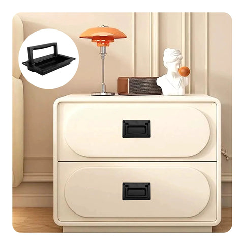 Zinc Alloy Recessed Pull Handle Heavy Duty Black Flush Door Handle on a white drawer in a modern living room setup.