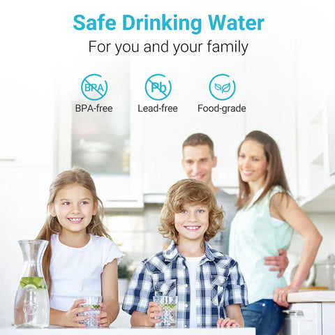 Family enjoying safe drinking water with BPA-free, lead-free, food-grade benefits. Top Tier Water Filter Replacement For Waterdrop.