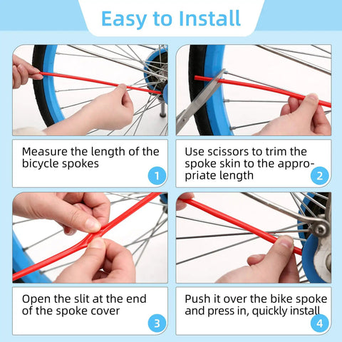 Step-by-step guide to installing Spoke Skin Covers 72 Piece Pack For 8 To 21 Inch Rims Protect And Decorate Dirt Bikes Mountain Bikes Bicycles Wheelchairs And Motorcycles With No Fuss Easy To Apply Flexible Covers That Stay Put And Look Great On Any Wheel on a blue bicycle wheel