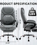 Ergonomic 400lbs Capacity Reclining Office Chair With Footrest And Back Support High Back Wide Seat Napping Recliner PU Leather Big Tall Boss Level Executive Manager Chair For Home Office Grey, front and side view with dimensions and max weight capacity