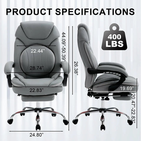 Ergonomic 400lbs Capacity Reclining Office Chair With Footrest And Back Support High Back Wide Seat Napping Recliner PU Leather Big Tall Boss Level Executive Manager Chair For Home Office Grey, front and side view with dimensions and max weight capacity