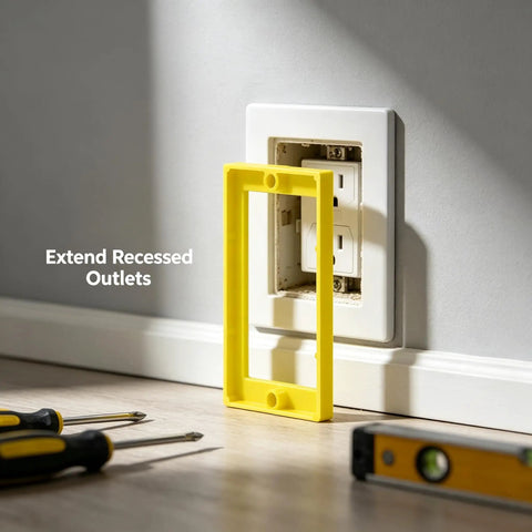 Single Gang Outlet Box Extender One Quarter Inch Snap On Wall Plate Gap Filler next to electrical outlet on wall.