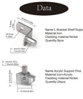 120 Piece Shelf Support Pegs Kit With Nickel Plated Pins, featuring L-bracket and acrylic iron shelf pins, dimensions labeled.
