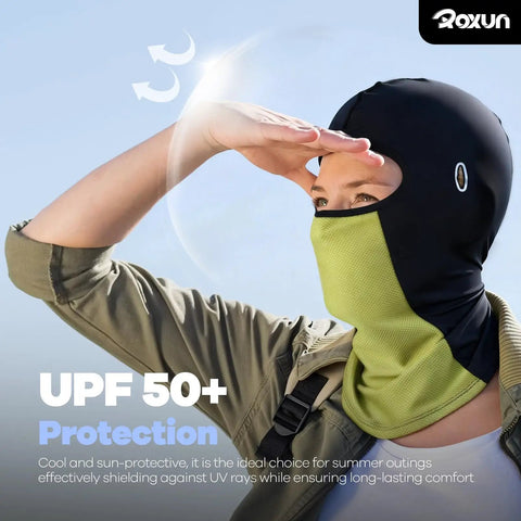 Person wearing Ice Silk Cooling Balaclava Face Mask For Summer Sweat Wicking Comfort Mesh Breathable UPF 50 Plus Sun Protection