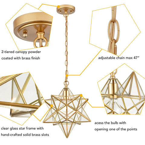 Detailed view of Moravian Star Brass Pendant Light, showing 2-tier brass finish canopy, clear glass shade, and height adjustable chain 47".