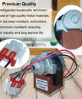 Refrigerator Evaporator Fan Motor 3015924900 D4612AAA36 DC 13V Replacement close-up showing metal construction and connectors.