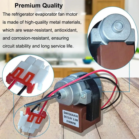 Refrigerator Evaporator Fan Motor 3015924900 D4612AAA36 DC 13V Replacement close-up showing metal construction and connectors.