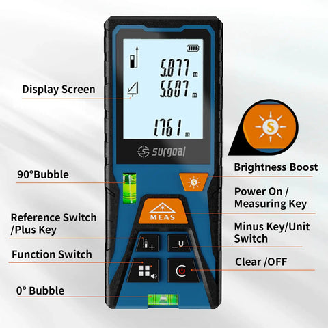 Handy Laser Distance Measure With Backlit LCD And Bubble Levels Enhanced Bright 393 Ft Range Fast 0.5 Second Readouts High Accuracy Plus Red And Green Beam Options Stores 30 History Records For Quick Project Tracking front display with buttons and bubble levels