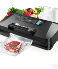 95KPa Vacuum Sealer Machine For Food With Auto Double 12mm Heat Seals shown sealing steak with produce and bags