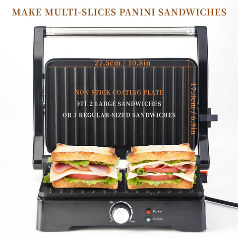 Big Panini Press Grill Sandwich Maker 3 In 1 opens flat to 180 degrees with non-stick plate, cooking two large sandwiches.