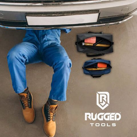Mechanic under car with Two Tote Style Tool Bags Set For Pros And DIYers Includes Small And Medium Organizers, Rugged Tools logo visible