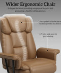 160 Degree Reclining Office Chair With Footrest For Big And Tall Comfort Leather High Back Computer Desk Chair With Cross Legged Seat Armrests And Smooth Wheels For All Day Comfort Brown, showing headrest and armrests close-up