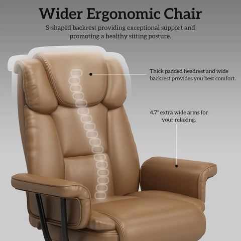 160 Degree Reclining Office Chair With Footrest For Big And Tall Comfort Leather High Back Computer Desk Chair With Cross Legged Seat Armrests And Smooth Wheels For All Day Comfort Brown, showing headrest and armrests close-up