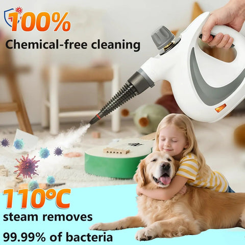 Hella Strong Handheld Steam Cleaner With 12 Nifty Tips For Banishing Stubborn Stains On Auto Upholstery Tile Floors And Fabric Couches In Sharp Deep Gray Body That Crushes Dirt Quick with steam cleaning action.