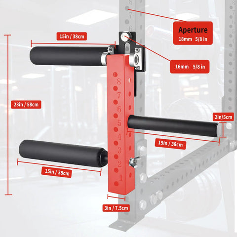 Seated Leg Extension And Curl Machine For Home Gyms, red adjustable space saving attachment on squat rack with measurements