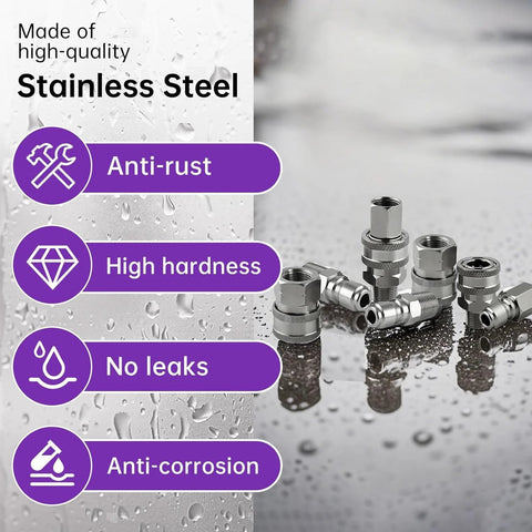 Front view of a 4-piece 3/8-inch stainless steel pressure washer quick-connect kit with male and female adapters.