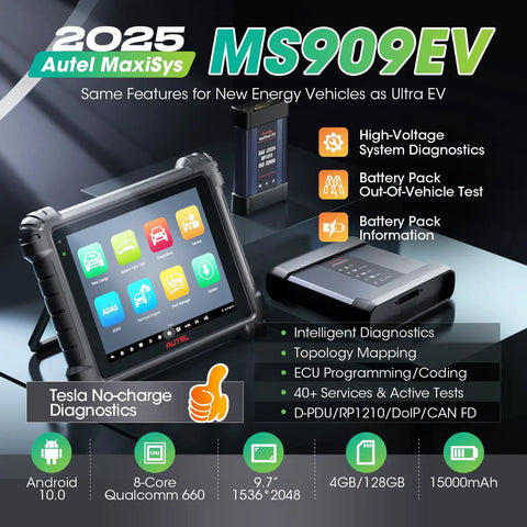 Pro Level Ev Diagnostic Tool For Hybrid And Electric Cars Delivering Slick Battery Analysis shown with screen, cables, and specs.