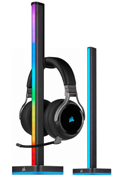 ICUE LT100 Smart Lighting Tower Starter Kit For Immersive Ambient RGB Extension with headphones hanging on tower