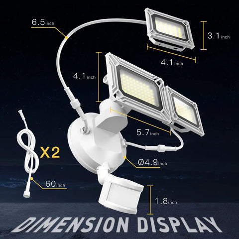 LED Motion Sensor Security Flood Light With 50W 6000LM 6500K IP65 Waterproof 3 Head Exterior Flood Light dimensions shown