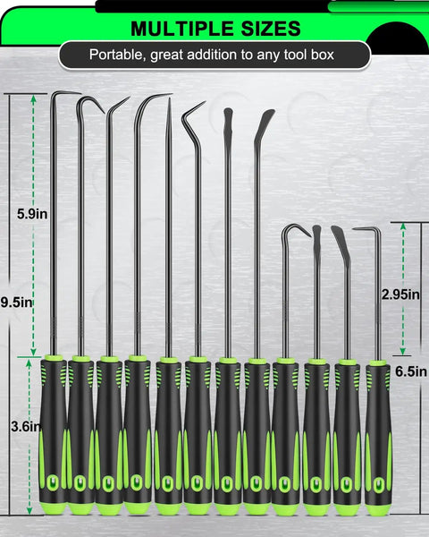 12 Piece Mechanic Pick Set With Long And Mini Picks Pro Grade Alloy Steel Non Slip Grip Rust Resistant Hook Tools For Precision Work And Quick Auto And Electronics Repairs, multiple sizes