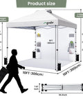 Diagram of 10x10 Pop Up Canopy Tent With Pocket Sidewalls, One Push Setup showing dimensions and height options, White CP23