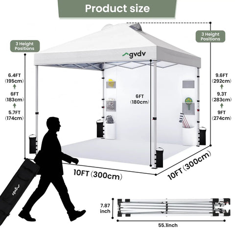 Diagram of 10x10 Pop Up Canopy Tent With Pocket Sidewalls, One Push Setup showing dimensions and height options, White CP23