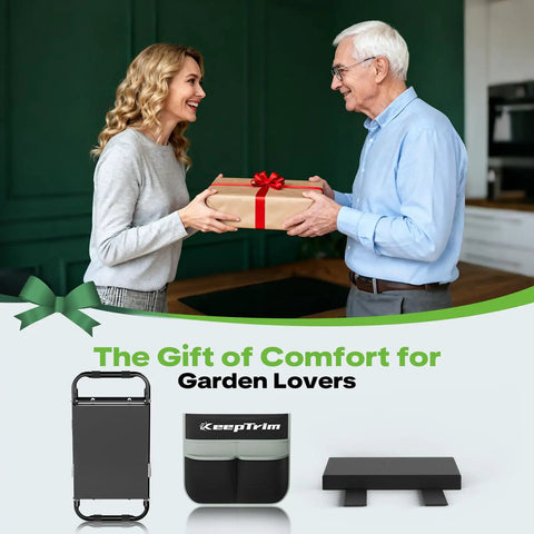 Foldable Garden Kneeler And Seat With Tool Pouch shown as a gift option for garden lovers, featuring a kneeler, pouch, and bench.
