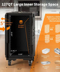 127 Qt Food Warmer Hot Box Carrier with Lockable Wheels and Double Buckles showing storage capacity and shelf dividers