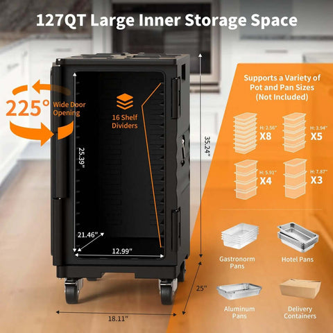127 Qt Food Warmer Hot Box Carrier with Lockable Wheels and Double Buckles showing storage capacity and shelf dividers