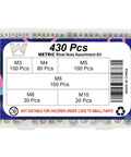 430 Piece Metric Rivet Nut Kit With M3 To M10 Sizes shown in labeled packaging with pieces quantity.