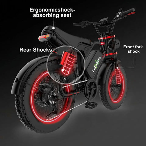 Premium Adult Electric Bike With A Badass 3000W Peak Brushless Hub Motor, showing shock-absorbing seat and rear shocks.
