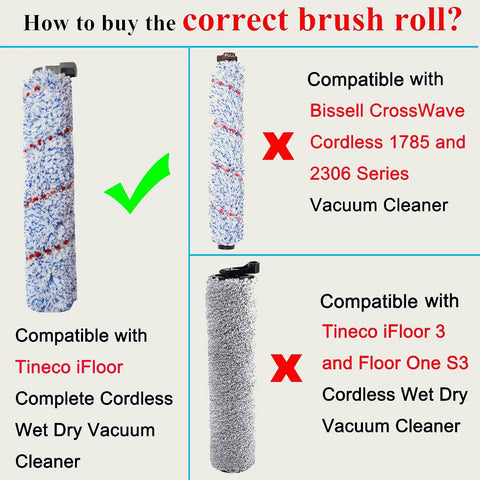 Chart showing compatibility of Replacement Roller Brush Kit for IFloor Complete Cordless Wet Dry Vacuum Cleaner; not for IFloor 3 or S3.