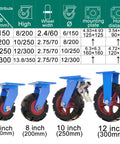 Heavy Duty Industrial Castor Wheels 12 Inch Solid Rubber Puncture Proof 4 Pack showcasing size options on a table.