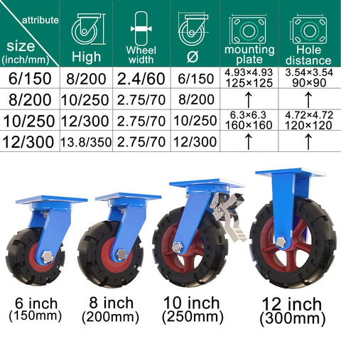 Heavy Duty Industrial Castor Wheels 12 Inch Solid Rubber Puncture Proof 4 Pack showcasing size options on a table.