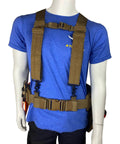 Comfort Tuff V2 Heavy Duty Suspenders on mannequin, one size, coyote color, USA-made, rugged construction, all-day comfort, durable gear.