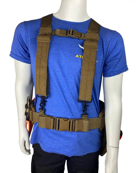 Comfort Tuff V2 Heavy Duty Suspenders on mannequin, one size, coyote color, USA-made, rugged construction, all-day comfort, durable gear.