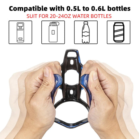 Hands holding Ultra Lightweight Bike Water Bottle Cage With Screws And Tool Universal Cup Holder Rack For Road And Mountain Bikes Secure Grip Easy Install Durable Aluminum Alloy.