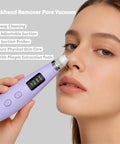 Face Pore Vacuum Blackhead Remover With 3 Suction Levels And 6 Interchangeable Probes in use on nose, purple device.