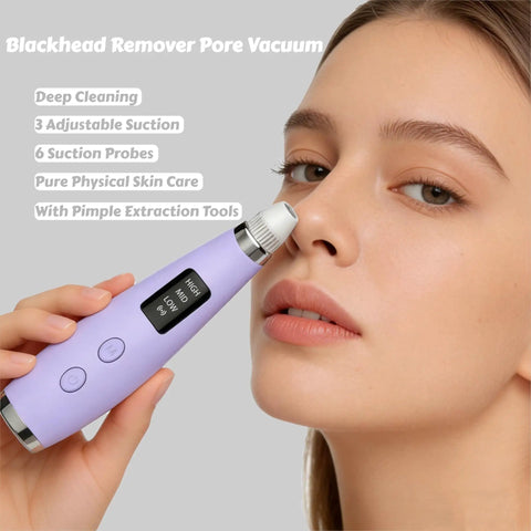 Face Pore Vacuum Blackhead Remover With 3 Suction Levels And 6 Interchangeable Probes in use on nose, purple device.