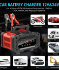 Beefy All In One 7 Stage Car Battery Maintainer And Trickle Charger For 12V And 24V Systems with usage icons for vehicles